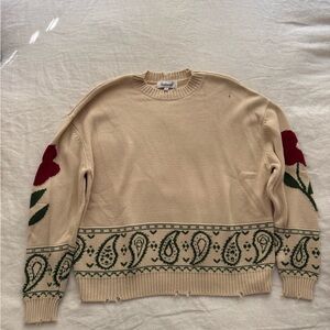 Beige Paisley Distressed Sweater with Red Floral Accents